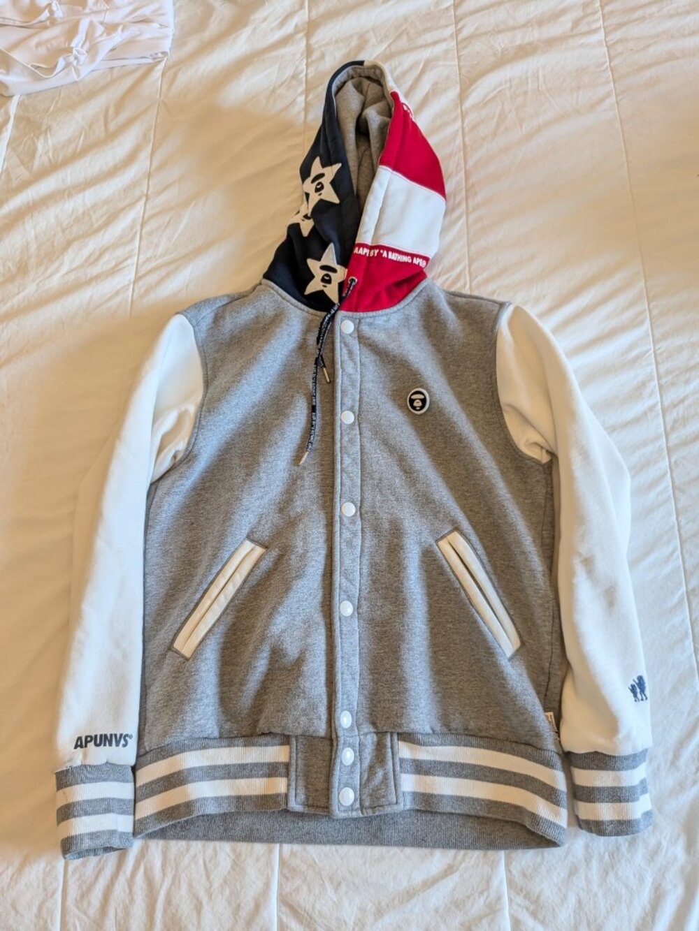 AAPE by A Bathing Ape hooded varsity-style sweatshirt jacket in men’s size M.